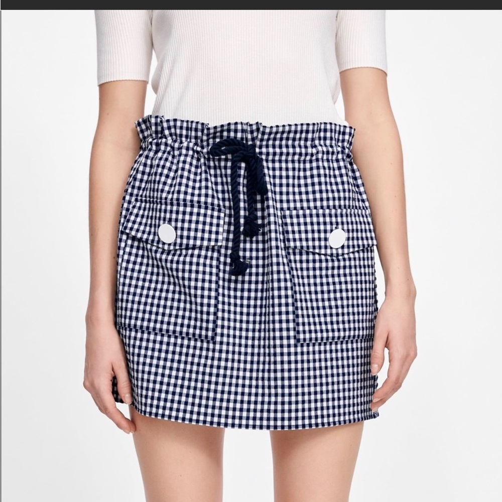 NWT ZARA cute women white & navy gingham mini skirt size XS